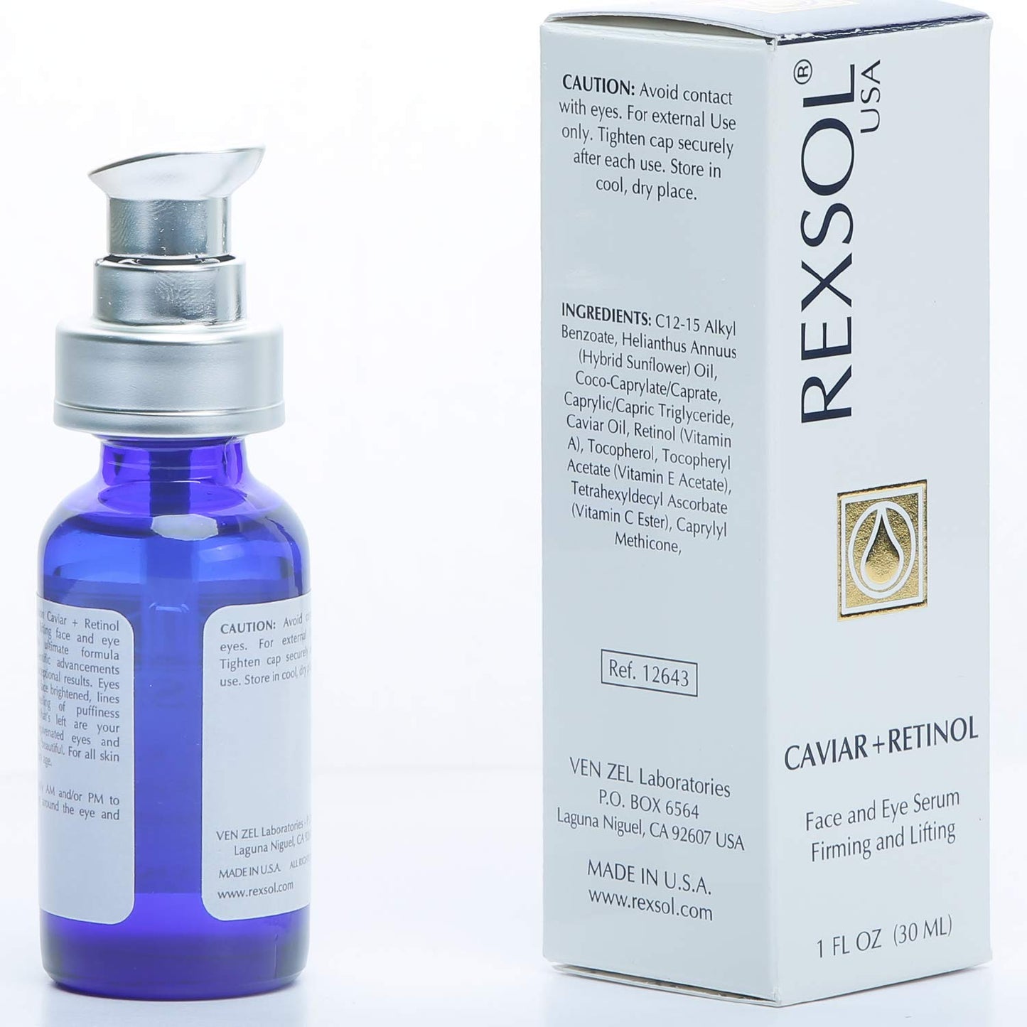 REXSOL CAVIAR + RETINOL Face and Eye Serum Firming and Lifting | With Vitamin C, Vitamin E & Vitamin A | Hybrid Sunflower & Caviar Oil | Revives the tone and texture of youthful skin. (30 ml/1 fl oz)