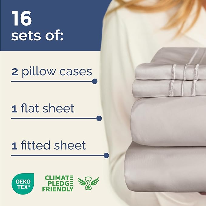 Bulk Case Pack of 16 Sheet Sets - (16) Complete Full Size Sheet Sets with Deep Pockets - Wholesale Bulk Bedding for Hotels, Spas & Airbnbs - Breathable, Cooling and Wrinkle Free - (Full, Light Grey)