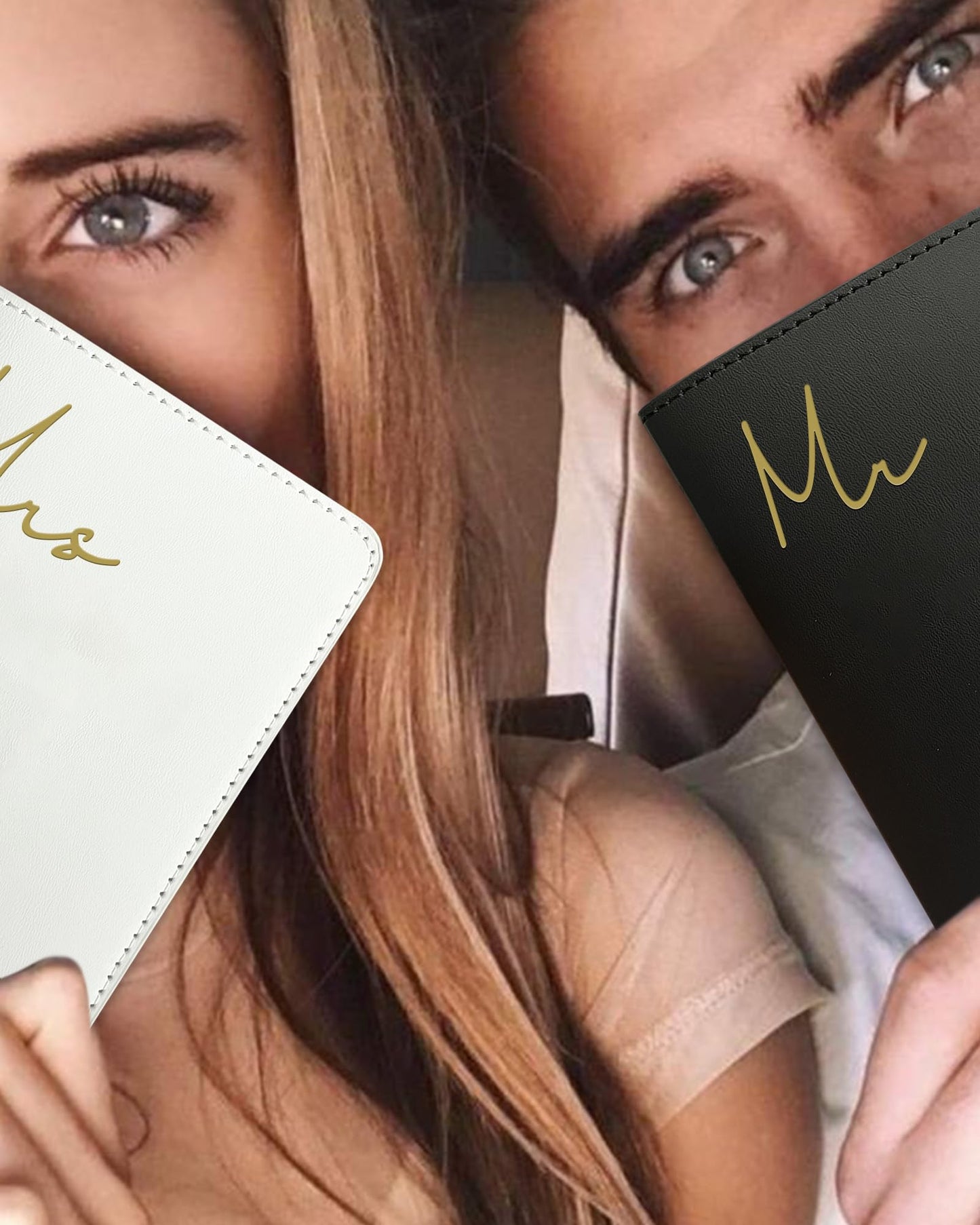 HubbyWifeyGifts Mr and Mrs Passport Holder Set,PU Leather Passport Cover with Gold Foil Logo, Honeymoon Essentials for Travel, Engagement Gifts for Couples