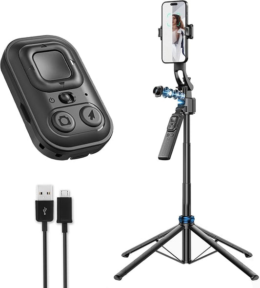 64" Phone Tripod Quadrapod with Wireless Remote & AI Face Tracking - Adjustable Selfie Stick Compatible with iPhone & Android, 360° Gimbal, Gesture Control, Portable Phone Holder for Video Recording