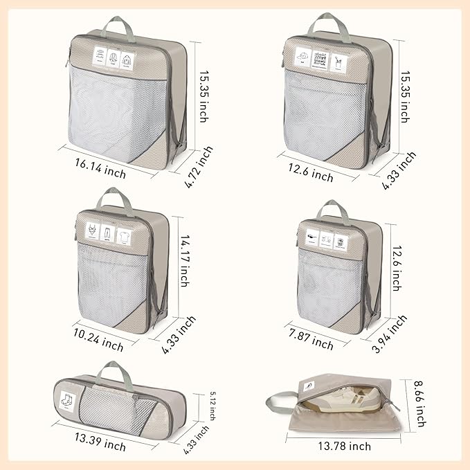 Compression Packing Cubes for Travel 6 Set Expandable Packing Organizers Durable Luggage Bags Organizers for Suitcases Travel Accessories (Beige)
