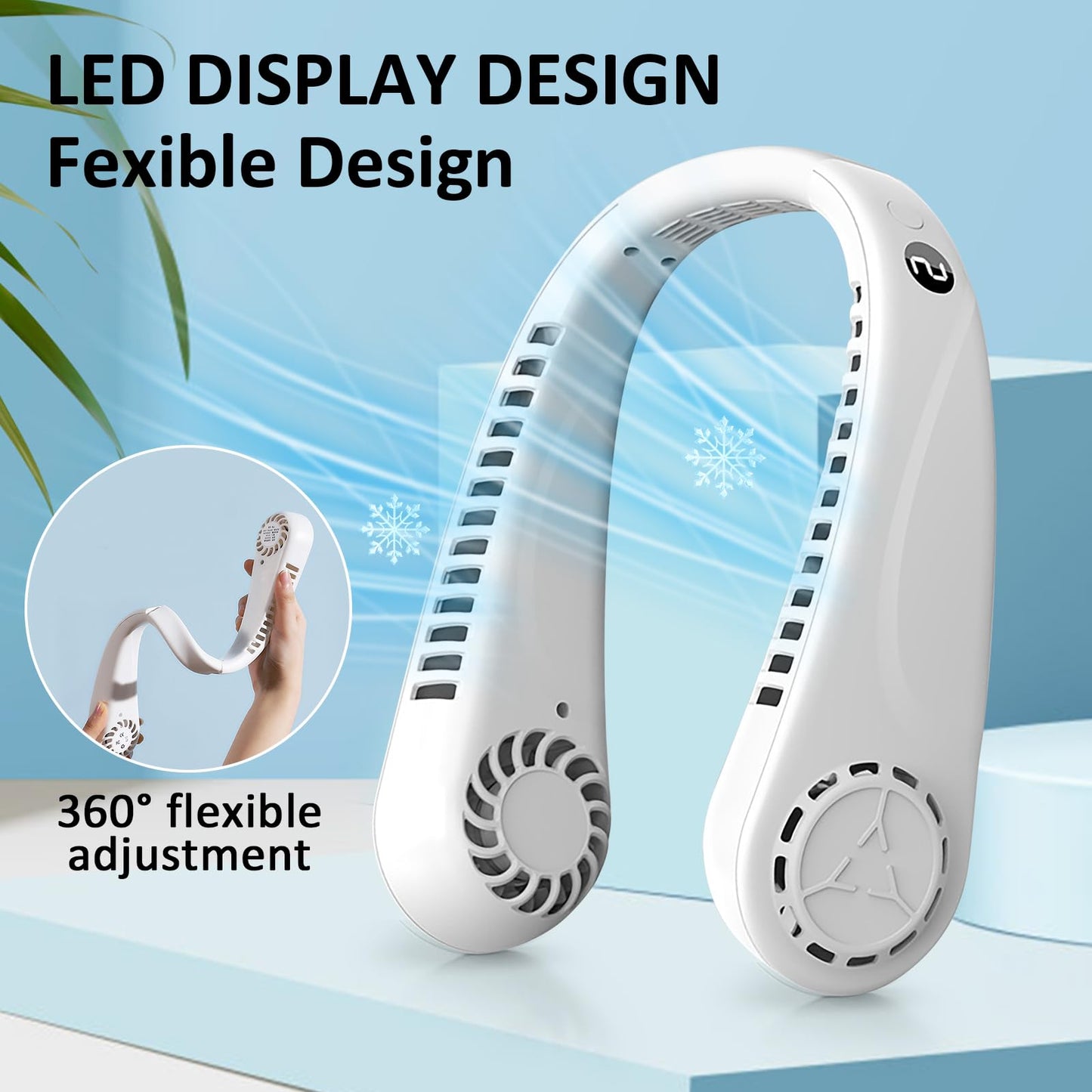 BIRDDIE Portable Bladeless Hanging Neck Fans with Screen Display and 5 Speeds Levels, USB Rechargeable, 360° Cooling Wearable Personal Fan for Work Travel Sport Outdoor (White)