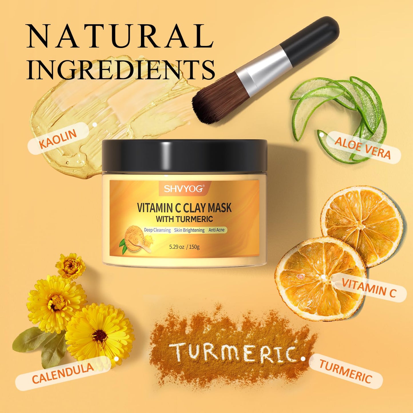 Vitamin C Face Mask with Kaolin Clay and Turmeric for Dark Spots, Dull Skin, Skincare Facial Mask for Controlling Oil and Refining Pores 5.29 Oz