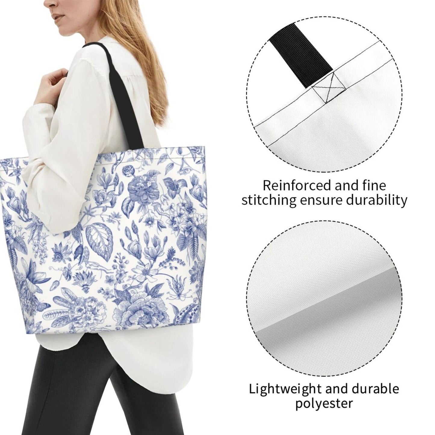 GVGOAGL Flower Blue White Leaves Tote Bag For Women, Large Waterproof Shoulder Bags Big Foldable Reusable Grocery Handbag For Travel Shopping Gym Sport Picnic Work Beach