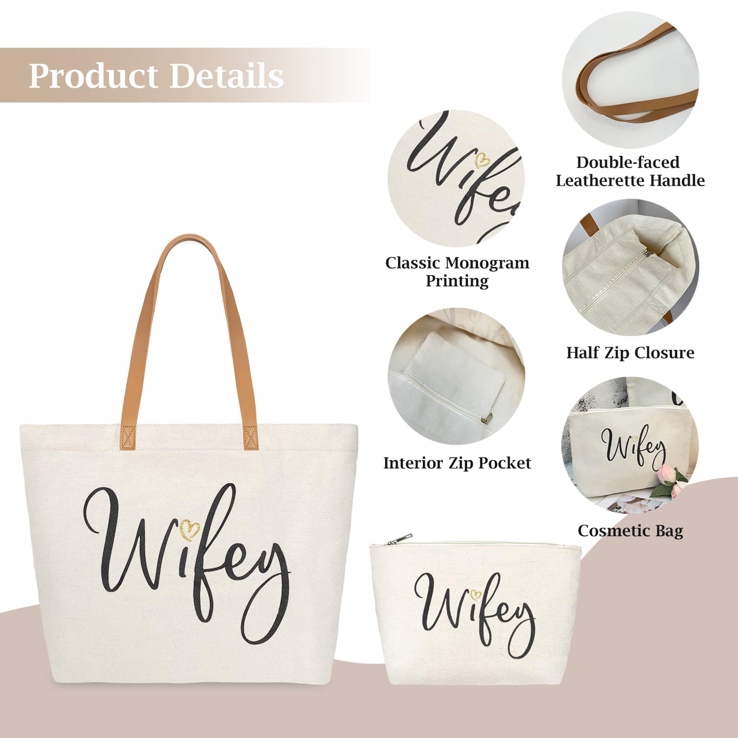 ELEGANTPARK Wifey Bag Wifey Gifts Wedding Gifts for Bride Bridal Shower Bachelorette Party Honeymoon Large Travel Shoulder Bag Canvas Totes with Zipper Set of 2