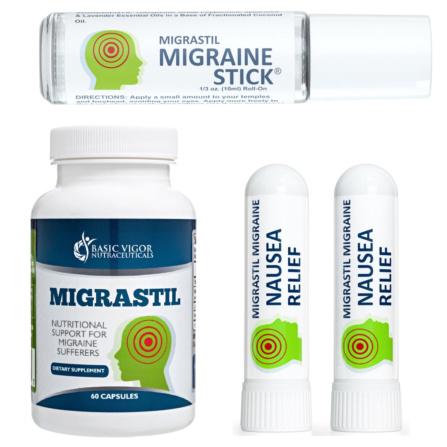 Basic Vigor Migrastil Migraine Support Kit with Migraine Stick, Capsules & Nausea Inhaler. Made in The USA