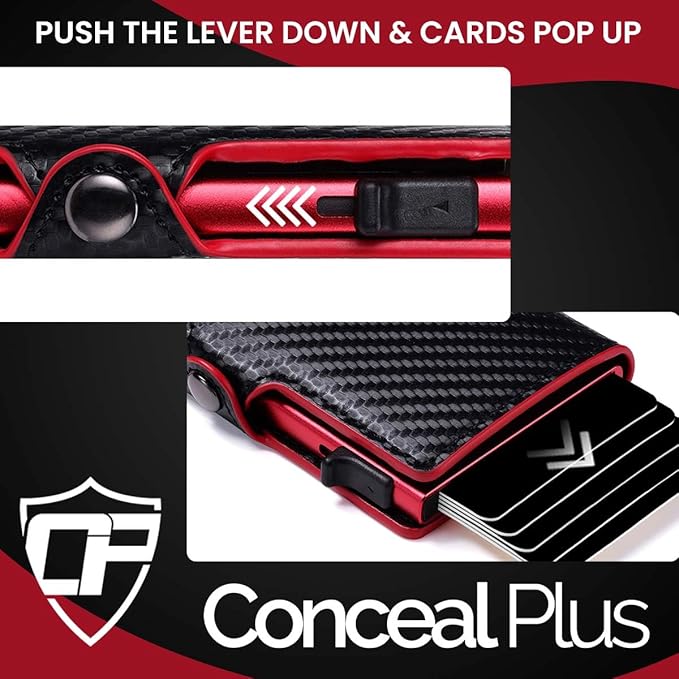 Card Blocr Pop Up Credit Card Wallet, RFID Blocking Credit Card Holder for men, Cool Wallets for Men in Carbon Wallet Design, Compact Card Holder Wallet for Secure Storage (Red PU Carbon Fiber)