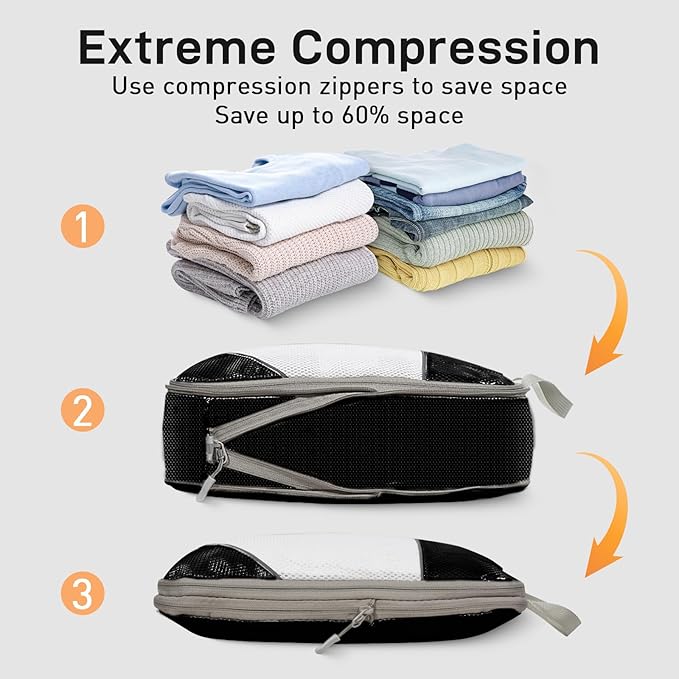 Compression Packing Cubes for Travel 6 Set Expandable Packing Organizers Durable Luggage Bags Organizers for Suitcases Travel Accessories (Black)