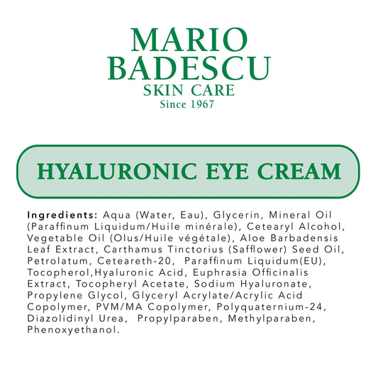 Mario Badescu Hyaluronic Eye Cream Anti Aging for All Skin Types, Under Eye Cream for Dark Circles and Puffiness, Formulated with Hyaluronic Acid & Glycerin, 0.5 Ounce