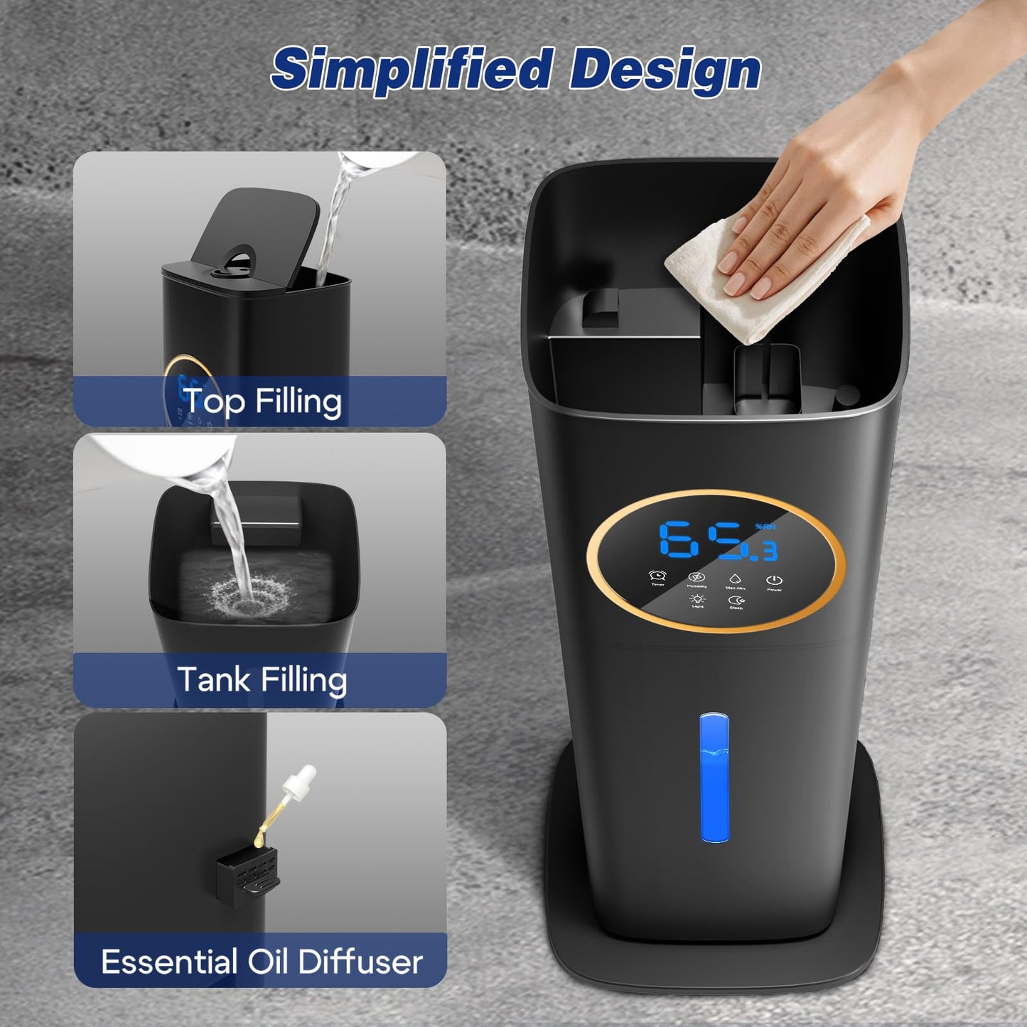 LACIDOLL Humidifiers for Bedroom, 2.1Gal/8L Humidifier large room with Essential Oil Diffuser, Top Fill Whole House Cool Mist Humidifiers for Plants Baby Kids Adults(Black)