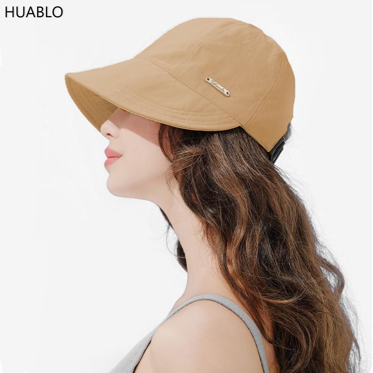 huablo]UPF 50+Womens Sun Hat Wide Brim Hat UV Protection Hiking Fishing Hats Adjustable Ponytail Packable Sun Cap Khaki