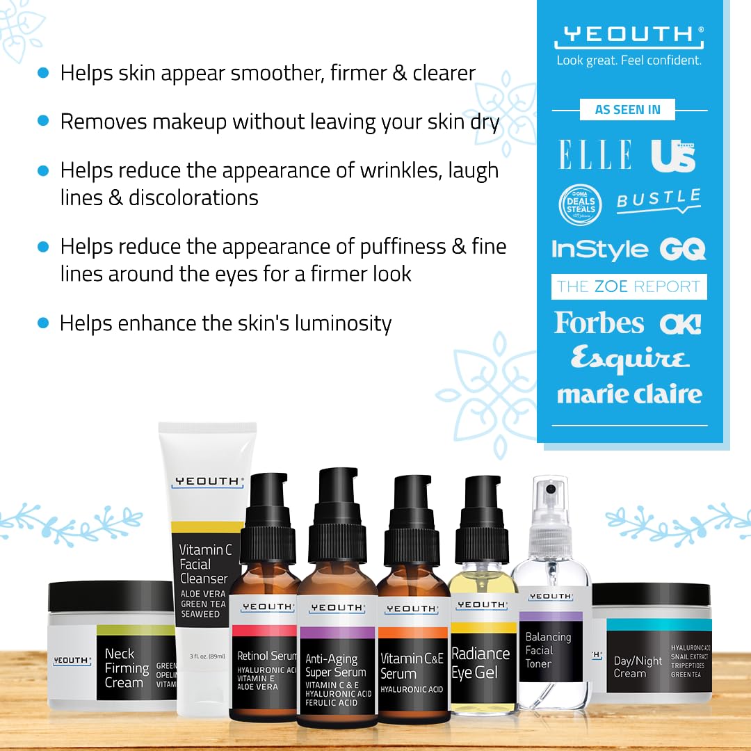 YEOUTH Skin Care Set: Retinol Serum with Hyaluronic Acid, Vitamin C & Super Face Serum, Cleanser, Toner, Eye Gel, Neck Cream, Face Cream 8-Piece Skincare Kit For Women