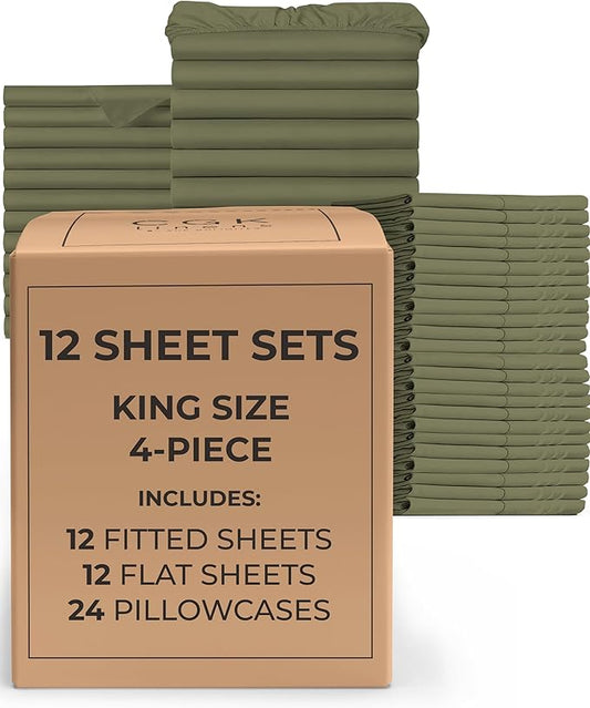 Bulk Case Pack of 12 Sheet Sets - (12) Complete King Size Sheet Sets with Deep Pockets - Wholesale Bulk Bedding for Hotels, Spas & Airbnbs - Breathable, Cooling and Wrinkle Free - (King, Sage Green)