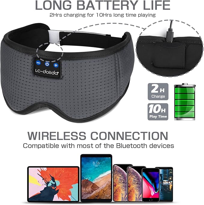 LC-dolida Sleep Headphones, Sleep Mask Bluetooth Wireless Music Eye Mask, Sleeping Headphones for Side Sleepers Sleep Mask with Bluetooth Headphones Ultra-Thin Stereo Speakers Perfect for Sleeping