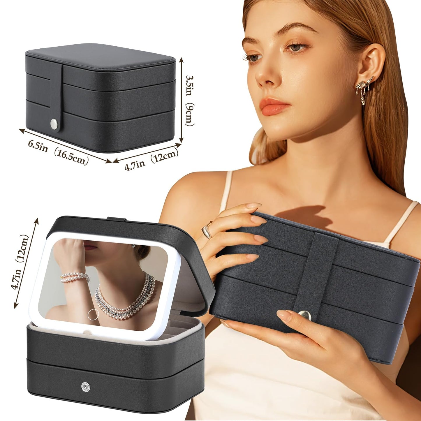 KJroom Travel Jewelry Case with LED Lighted Mirror, Portable Travel Jewelry Organizer, 2-Layer Jewelry Box for Earrings Necklace Bracelet Rings, Birthday Gifts for Women Girls Kids (Black)