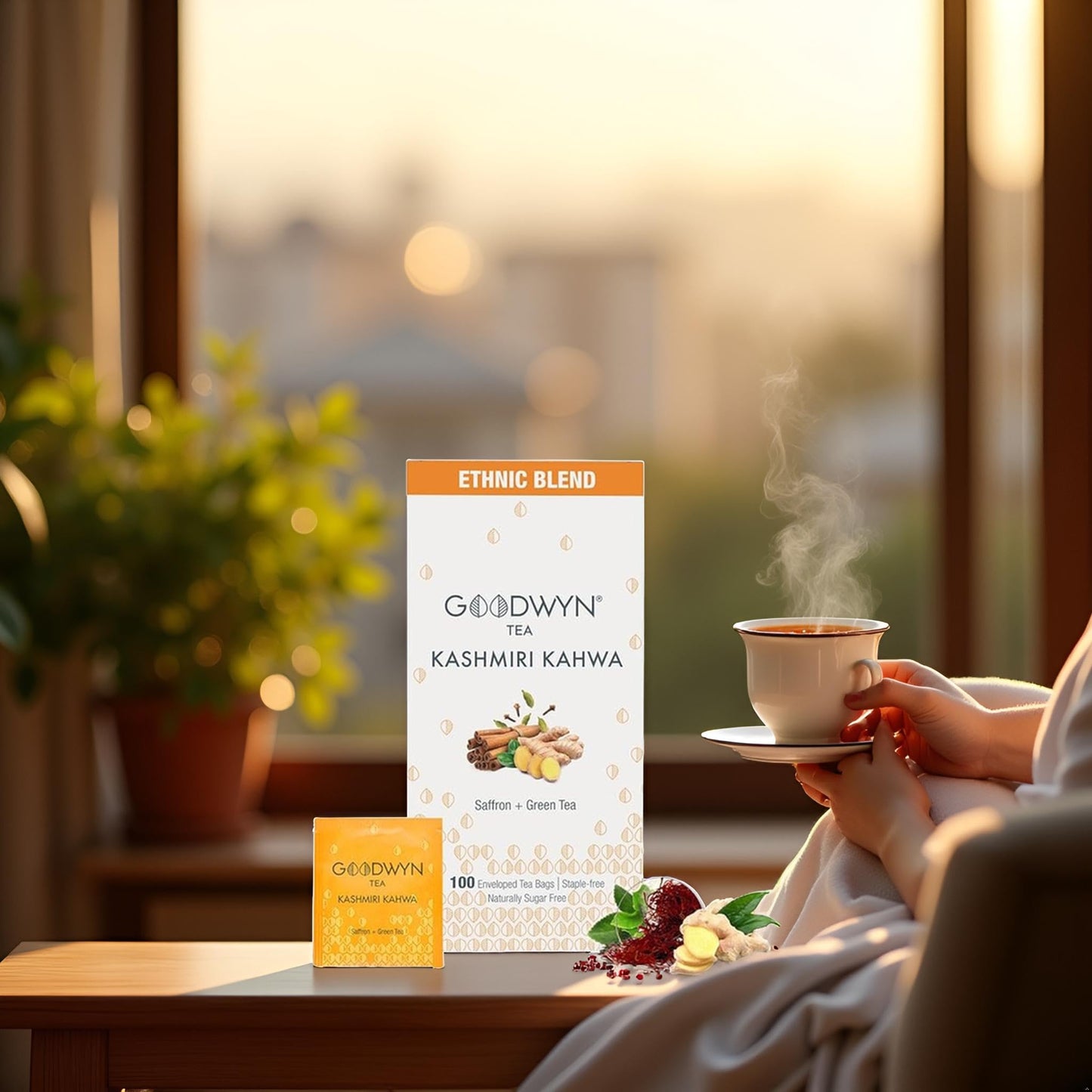 Goodwyn Kashmiri Kahwa Green Tea – 100 Individually Wrapped Tea Bags | Desi Kahwa, Kashmiri Chai, Saffron ,Cardamom Tea & Ginger Tea Blend with Natural Indian Spices | Low Caffeine, Sugar Free Herbal Qahwa | Plastic Free & Travel Friendly | Authentic Indi