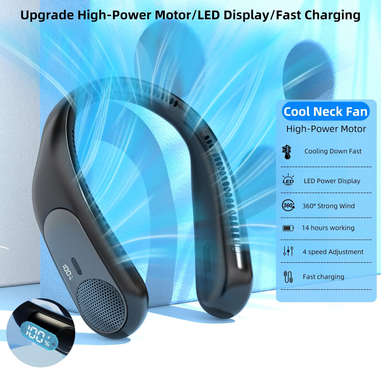 Namecute Portable Neck Fan,Personal Wearable Bladeless Fan,LED Display,4-Speeds,6000mAh USB Rechargeable,360° Strong Cooling Wind,Hands Free,Long Lasting,Birthday Gifts for Men Women Dad Mom (Black)