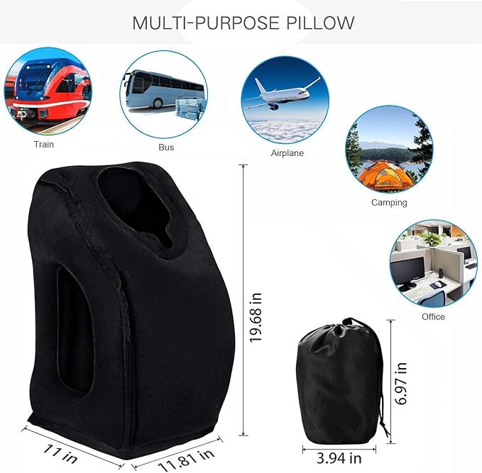 Inflatable Travel Pillow, Airplane Neck Pillow for Sleeping, Supports Head and Chin for Airplanes,Trains,Cars and Office Napping with 3D Eye Mask and Earplugs and Portable Drawstring Bag