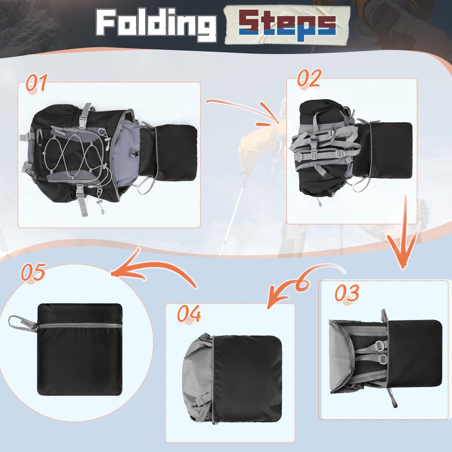 RAINSMORE Foldable Hiking Backpack for Women Men Packable Camping Backpack 40L Waterproof Hiking Daypack Bag Lightweight Collapsible Daypack for Travel Trekking Mountaineering Large Capacity Black