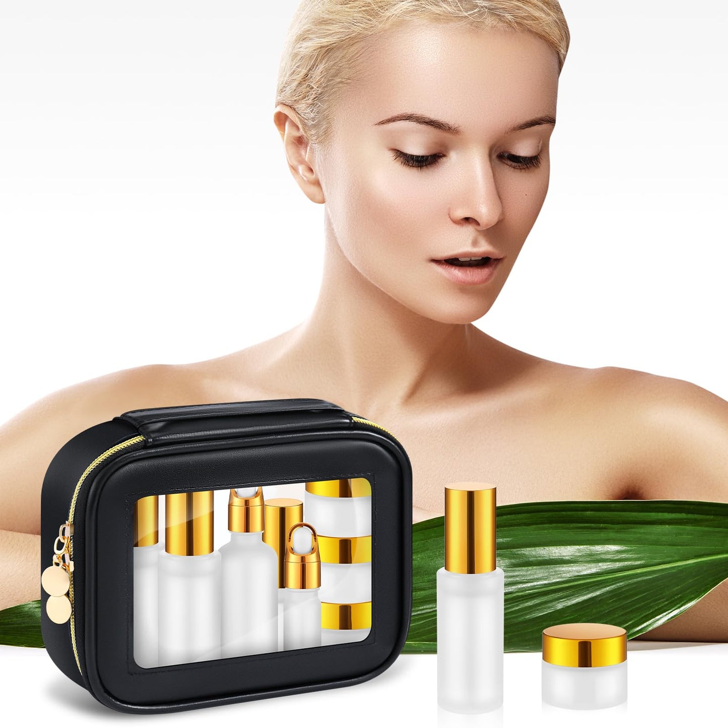 Jingmore 13 Pcs Glass Skincare Travel Containers Mini Makeup Containers Travel Size Toiletries Bottles with Pump Spray and PU Leather Toiletry Bag for Liquid Serum Cream Moisturizers Oils(Gold)