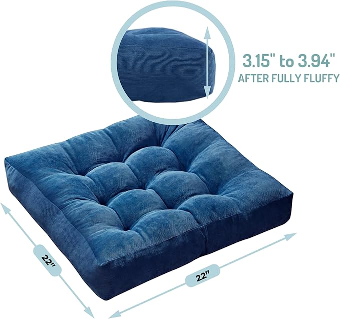 Degrees of Comfort Square Large Pillows Seating for Adults, Tufted Corduroy Floor Cushions for Living Room Tatami, Navy Blue, 22x22 Inch