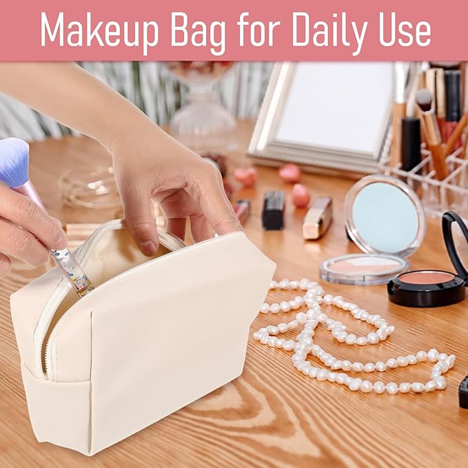 8 Pcs Makeup Bag Pu Leather Cosmetic Pouch Waterproof Small Toiletry Bag Portable Cosmetic Organizer Water Resistant Storage Purse for Lady Women Daily Storage Travel Organizer (Beige,Medium)