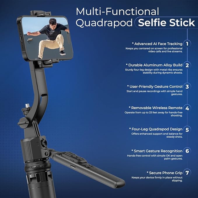 64" Phone Tripod Quadrapod with Wireless Remote & AI Face Tracking - Adjustable Selfie Stick Compatible with iPhone & Android, 360° Gimbal, Gesture Control, Portable Phone Holder for Video Recording