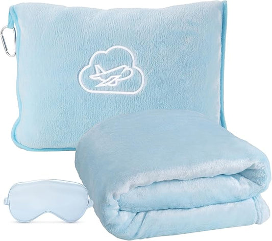 Travel Blanket, 3-in-1 Ultra-Soft, Warm & Lightweight Travel Blanket Airplane with Bag, 65x40 in, Airplane Travel Essentials for Women, Men & Kids with Eye Mask, Luggage Sleeve & Backpack Clip