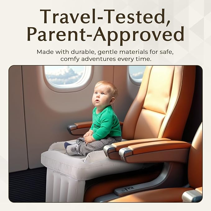 Luxury Toddler Airplane Bed – Travel Bed Seat Extender for Kids with Carry Bag, Air Pump, Pillow & Blanket – Portable Toddler Air Mattress, Travel Essentials for Airplane Seats (Beige)
