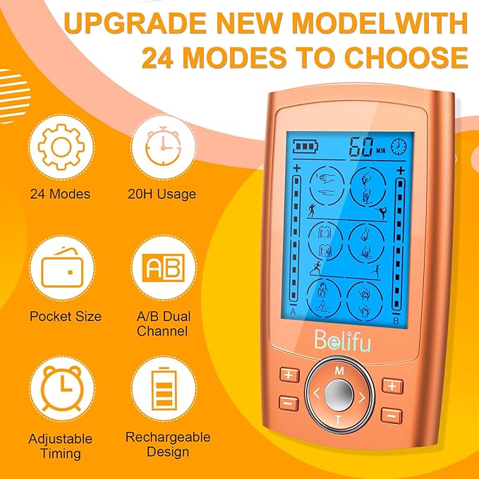 Belifu TENS Unit PMS Massager 24 Modes Muscle Stimulator, Electronic Tens Machine for Neck, Back, Arms & Chronic Pain Relief