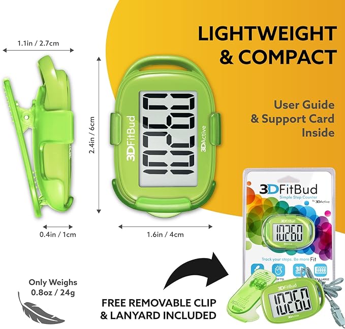 3DFitBud Simple Step Counter Walking 3D Pedometer by 3DActive with Clip, Lanyard Accurate Fitness Tracker for Men, Women & Elderly Daily Exercise - A420S
