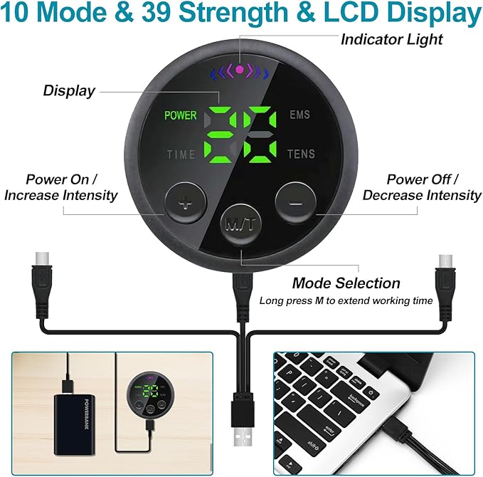 10 Modes 39 Levels of Intensity USB Rechargeable Portable Fitness Workout Equipment with 10pcs Free Gel Pads for Men Woman