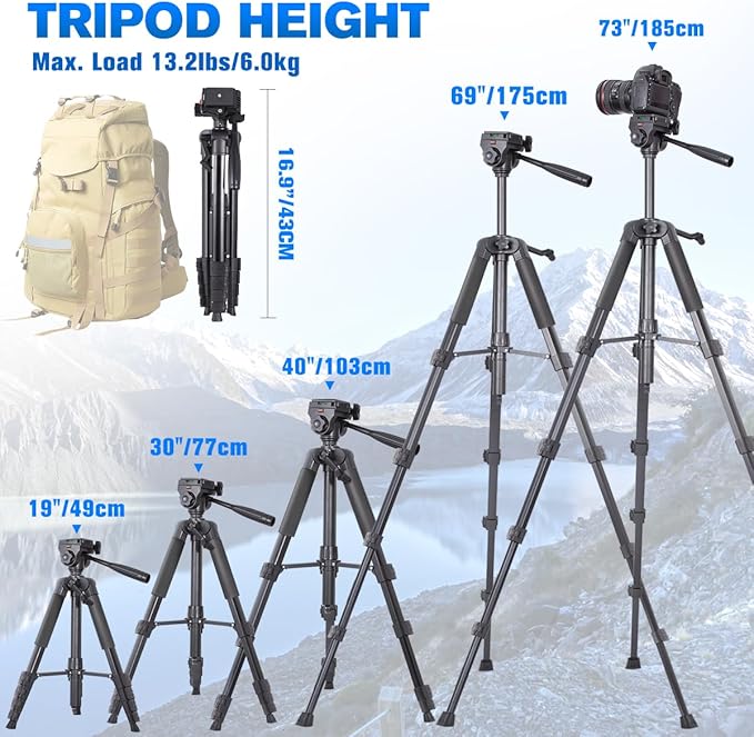 Camera Tripod, 74" DSLR Camera Tripod with 2 QR Plates for Sony/Nikon/Canon, Lightweight Video Tripod Stand for Travelling, Phone Tripod with Fluid Head/Phone Holder/Wireless Remote Max.Load 6kg