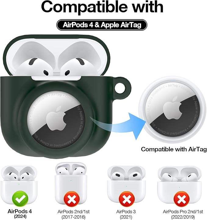 2 in 1 Silicone Case Compatible with AirPod 4 and AirTag, Shockproof Protective Skin Cover for AirPods 4th Generation with Cleaner Kit & Carabiner (Dark Green)