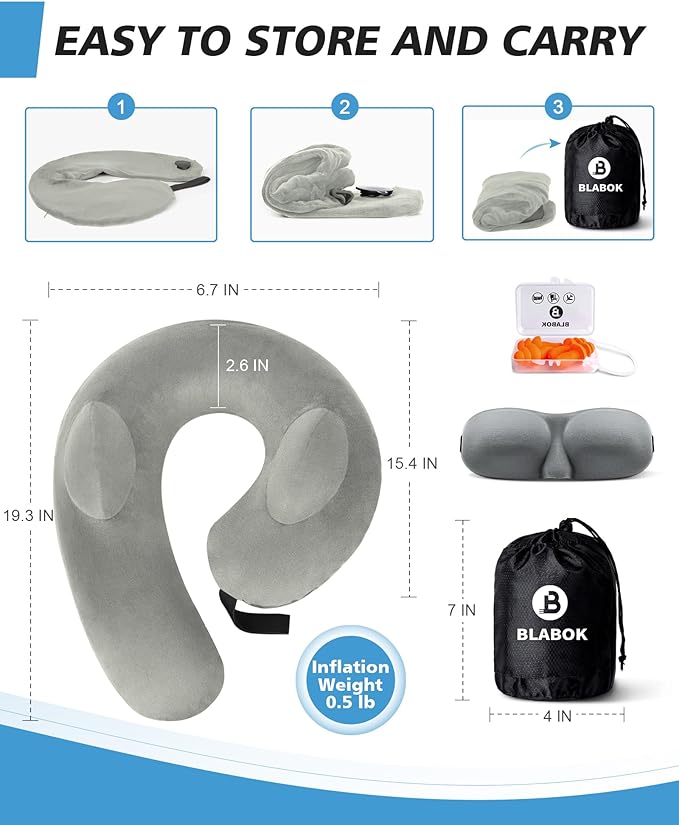Travel Neck Pillow for Airplane, Travel Pillow Support Head and Neck, Comfortable & Washable Cover, Inflatable Neck Pillow for Traveling,Car,Office,Home (Grey)