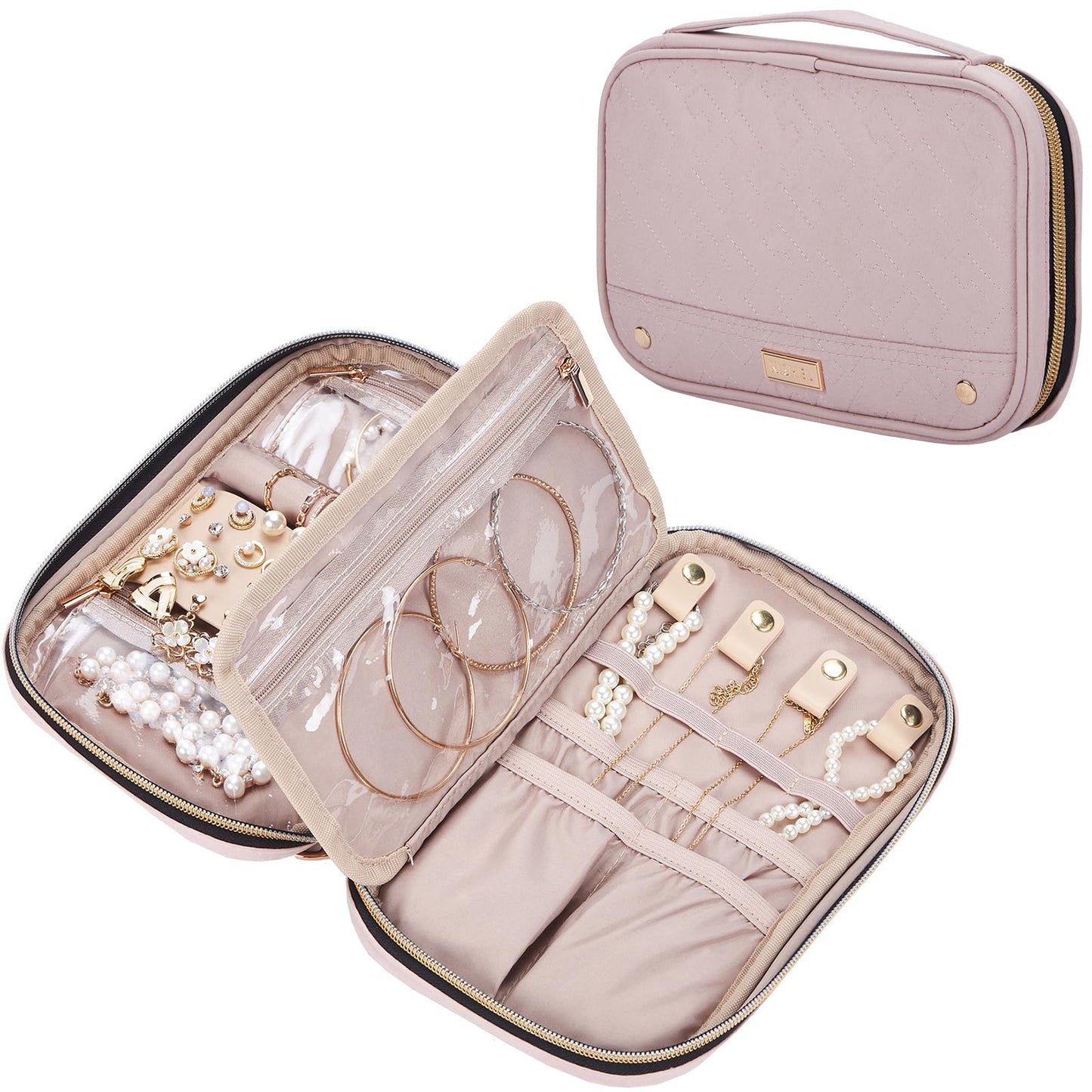 NISHEL Travel Jewelry Case, Holiday Organizer for Necklaces, Earrings, Rings, Bracelets, Watch, Pink