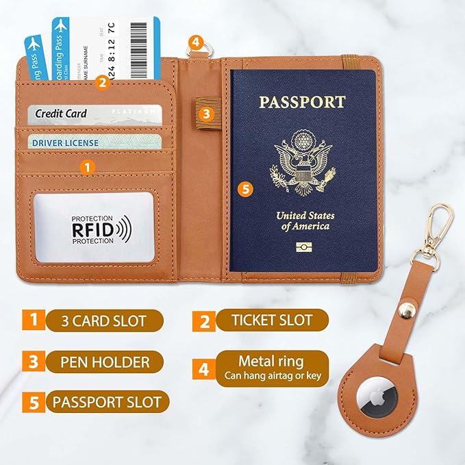 Cnycmy Passport Holder with Airtag slot,Passport-Wallet-Holder for Women,for Family, Rfid Passport Book Card Slot Waterproof, passport holder for travel (brown1)