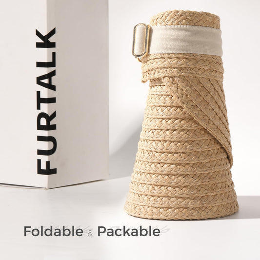 FURTALK Sun Visor Hats for Women Wide Brim Straw Visors Womens Foldable Beach Visors Summer Packable Ponytail Beach Hat Khaki