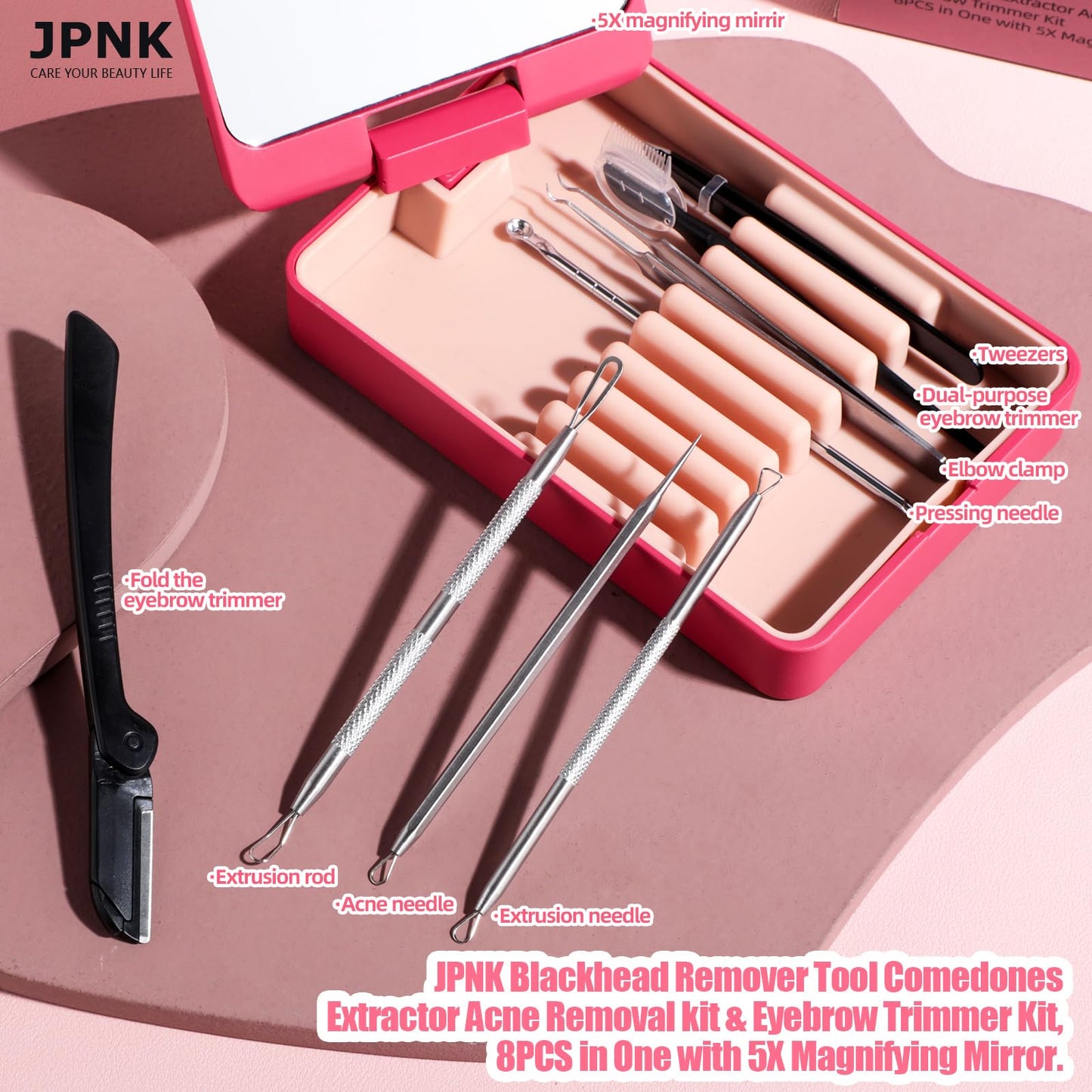 JPNK Blackhead Remover Tool Comedones Extractor Acne Removal kit & Eyebrow Trimmer Kit, 8PCS in One with 5X Magnifying Mirror