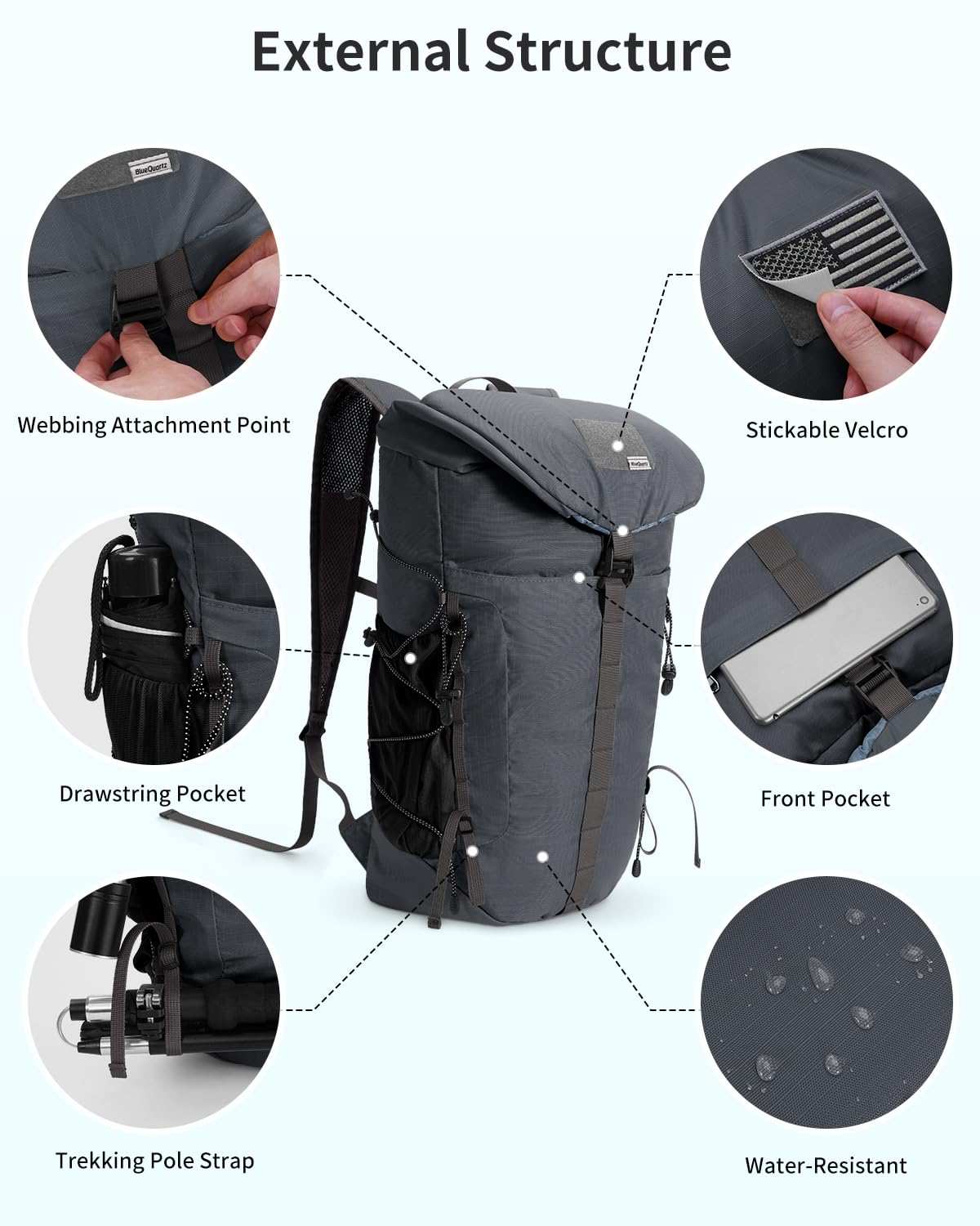 Blue Quartz Hiking Backpack 30L Lightweight Packable Backpack for Travel, Water Resistant Foldable Daypack for Women Men, Gray