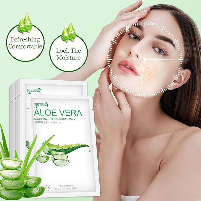 Aloe Vera Face Mask,Hydrating Face Masks Skincare For Dry, Oily,Sensitive Skin,Aloe Facial Skincare Sheet For Moisturizing, Soothing, Calming, Sun Care,Acne, Facial Masks for Women Skin Care 10-Pack