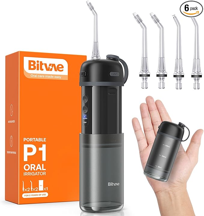 Bitvae P1 Water Dental Flosser, Travel Water Teeth Picks, Cordless Mini Water Cleaner Picks with Telescopic Water Tank, IPX7 Waterproof Flossing Cleaning Picks, Brace & Sensitive Teeth Care, Black