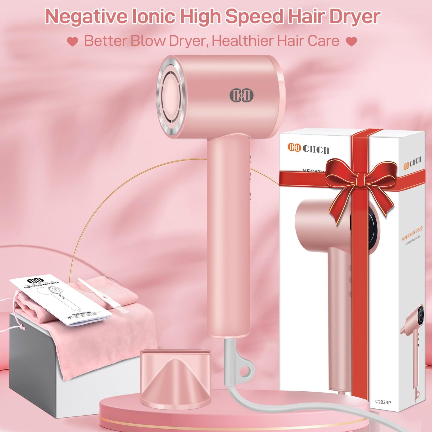 CIICII Negative Ionic Hair Dryer Professional, 120000RPM High Speed Blow Dryer (1600W Brushless/ 3-Speed/ 4-Temp & HD Display & Portable Bag) Fast Drying Hairdryer for Home, Travel & Salon (Pink)