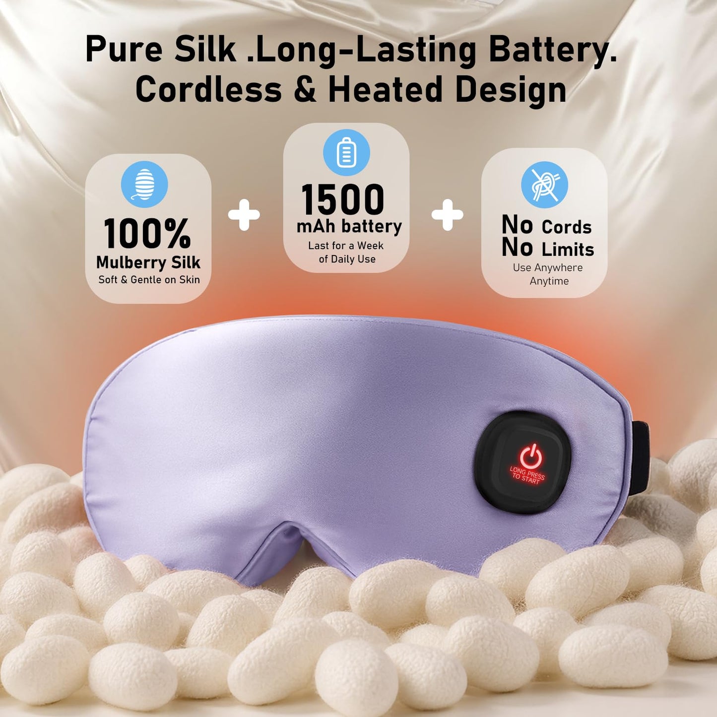 LitBear Heated Eye Mask, Silk Cordless Warm Eye Compress for Dry Eyes, Light Blocking Heat Eye Mask for Women Men, Soft Eye Heating Pad for Dry Eyes, Travel, Rechargeable, Washable Cover (Purple)