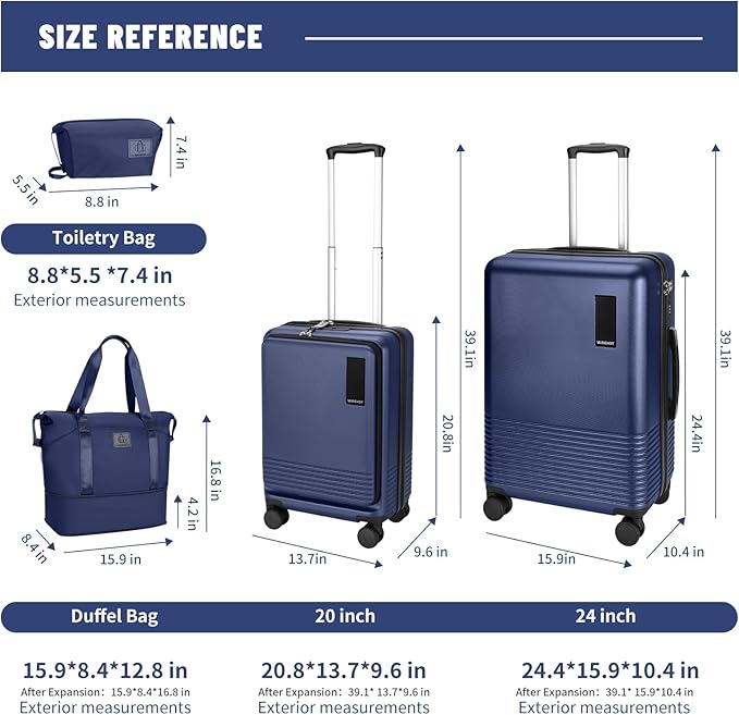2 Piece Luggage Sets with Spinner Wheels Front Open Pocket, ABS+PC Suitcase with TSA Lock & YKK Zipper, Carry On 20/24 inch Medium +Toiletry Bag+Handbag, Deep Dark Navy Blue