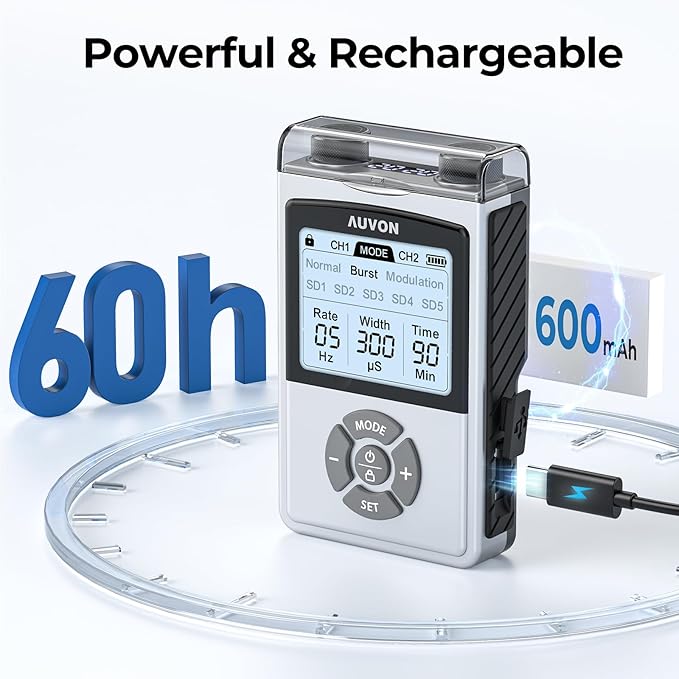 AUVON Rechargeable Digital TENS Unit Muscle Stimulator with 600 mAh Battery, TENS Machine with 8 Customizable Modes, Electric Massager for Shoulder, Back Pain Relief, 6 TENS Pads, A Carry Case