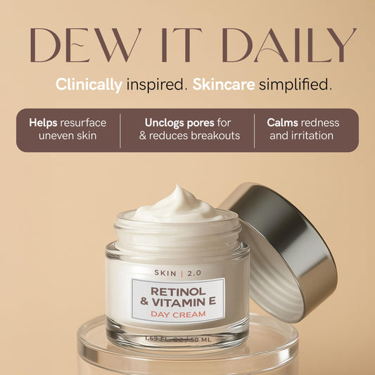 Skin 2.0 Retinol & Vitamin E Face Moisturizer - Dermatologist Tested, Hydrating, Restores Sun-Damaged Skin, Anti-Aging - Reduces Acne Scars, Clean Beauty, Cruelty-Free Korean Skincare - 1.69 Fl oz