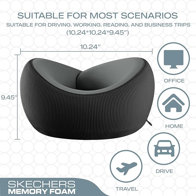 Skechers Memory Foam Neck Pillow, Comfortable & Breathable Travel Pillow,Neck Pillow Airplane for Travel, Car Rides, Home, and Office Use, Ergonomic Design for Men and Women,Black