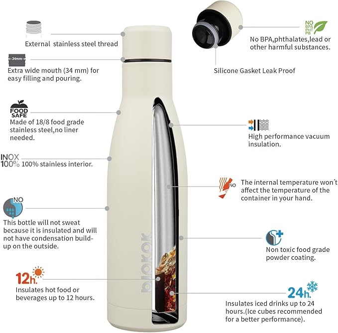 BJPKPK 17oz Insulated Water Bottles Stainless Steel Sports Water Bottles Keep Cold and Hot for Travel Dishwasher Safe,Beige