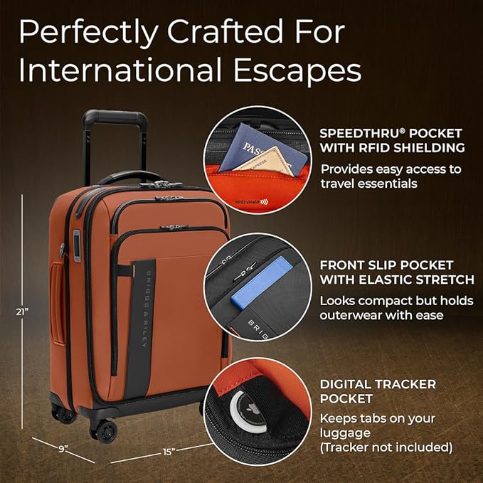 Briggs & Riley International 21" Carry On Expandable Spinner - Luggage for Travel, Suitcases with Wheels, Softside Rolling Bag for Men & Women - ZDX Collection, Canyon